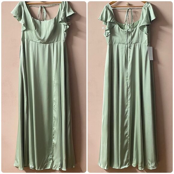 Azazie Dusty Sage A-Line Satin Maxi Dress NWT Size A16 - Picture 1 of 12